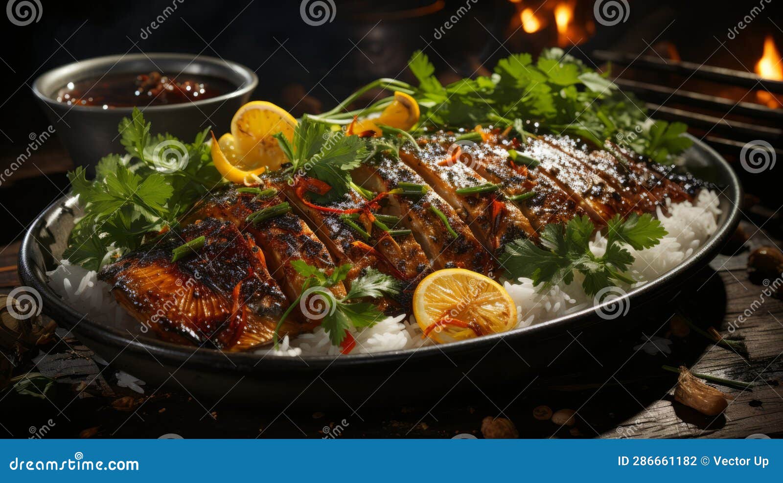 Vietnamese Grilled Fish Marinated in Lemongrass. Generative AI. Stock Photo Image of fresh