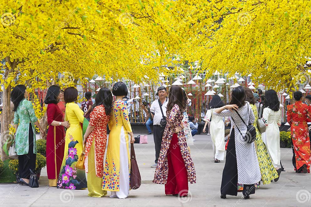Vietnamese Lunar Nieuwjaar. Vrouwen Dragen Vietnam Traditie Ao Dai Om