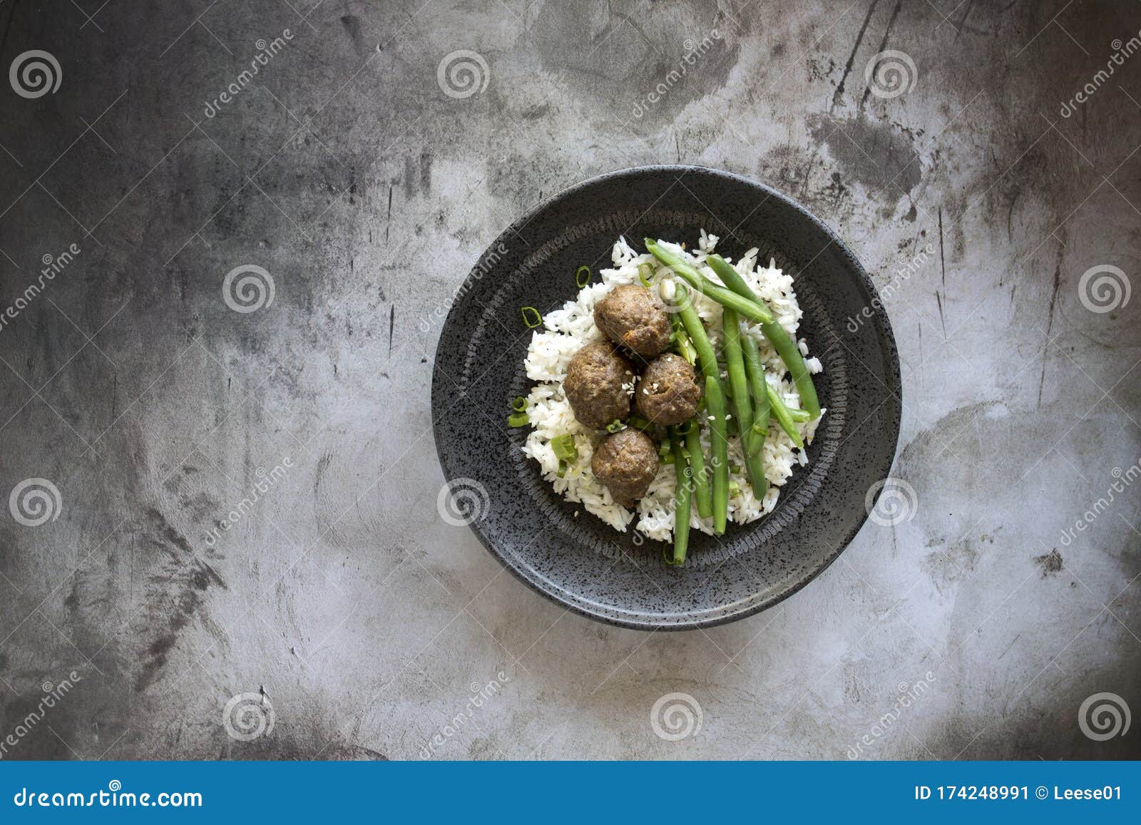 Vietnamese Meatballs with Green Beans and White Rice Stock Image