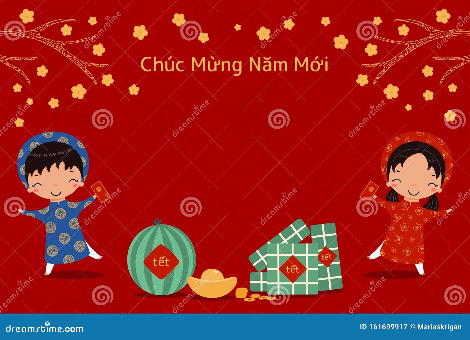 Vietnamese Kawaii Boy And Girl In National Costume And Hat. Cartoon
