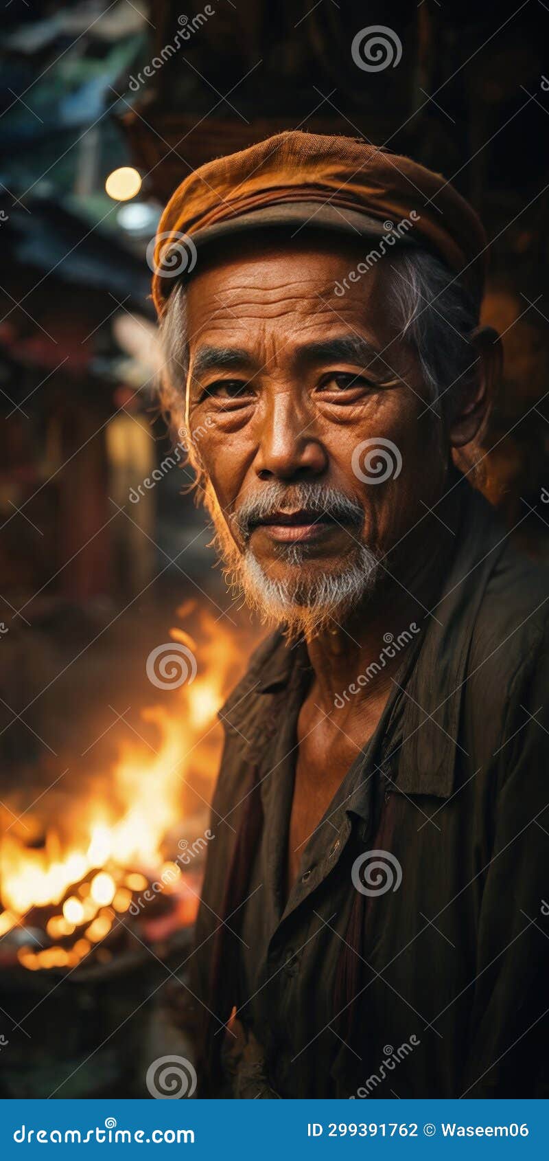 Vietnamese Old Man Standing in Front of a Fire in the Village Stock
