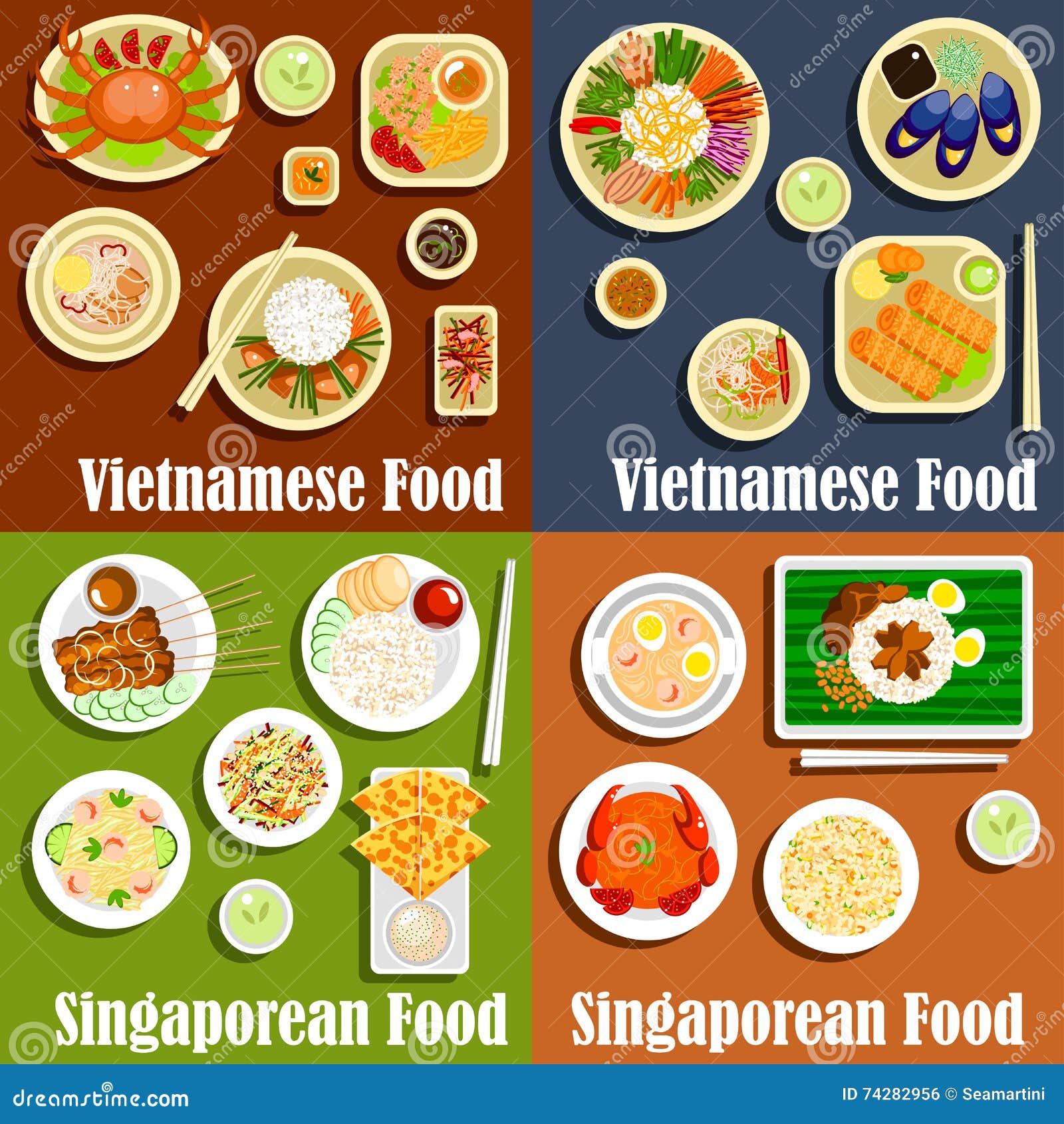 Vietnamese and Singaporean Cuisine Dishes Stock Vector - Illustration ...