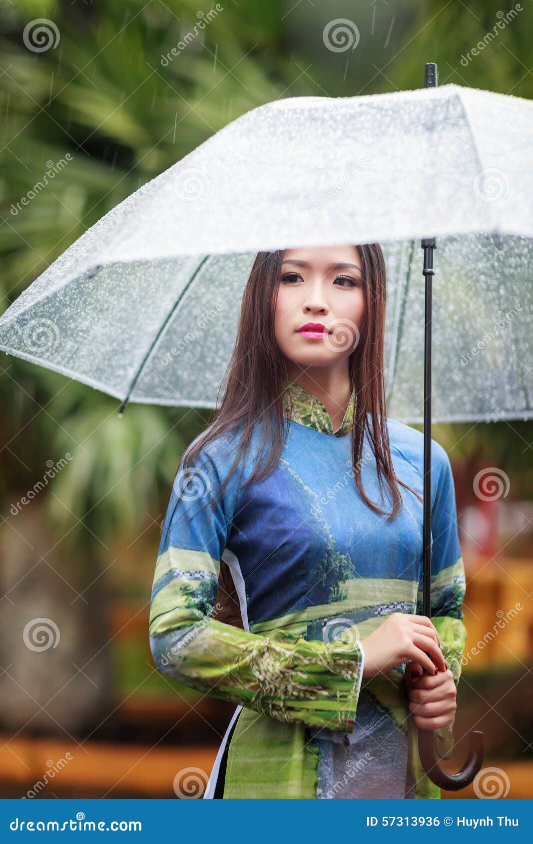 Vietnamese Women Wear Ao Dai In The Rain Stock Photo 
