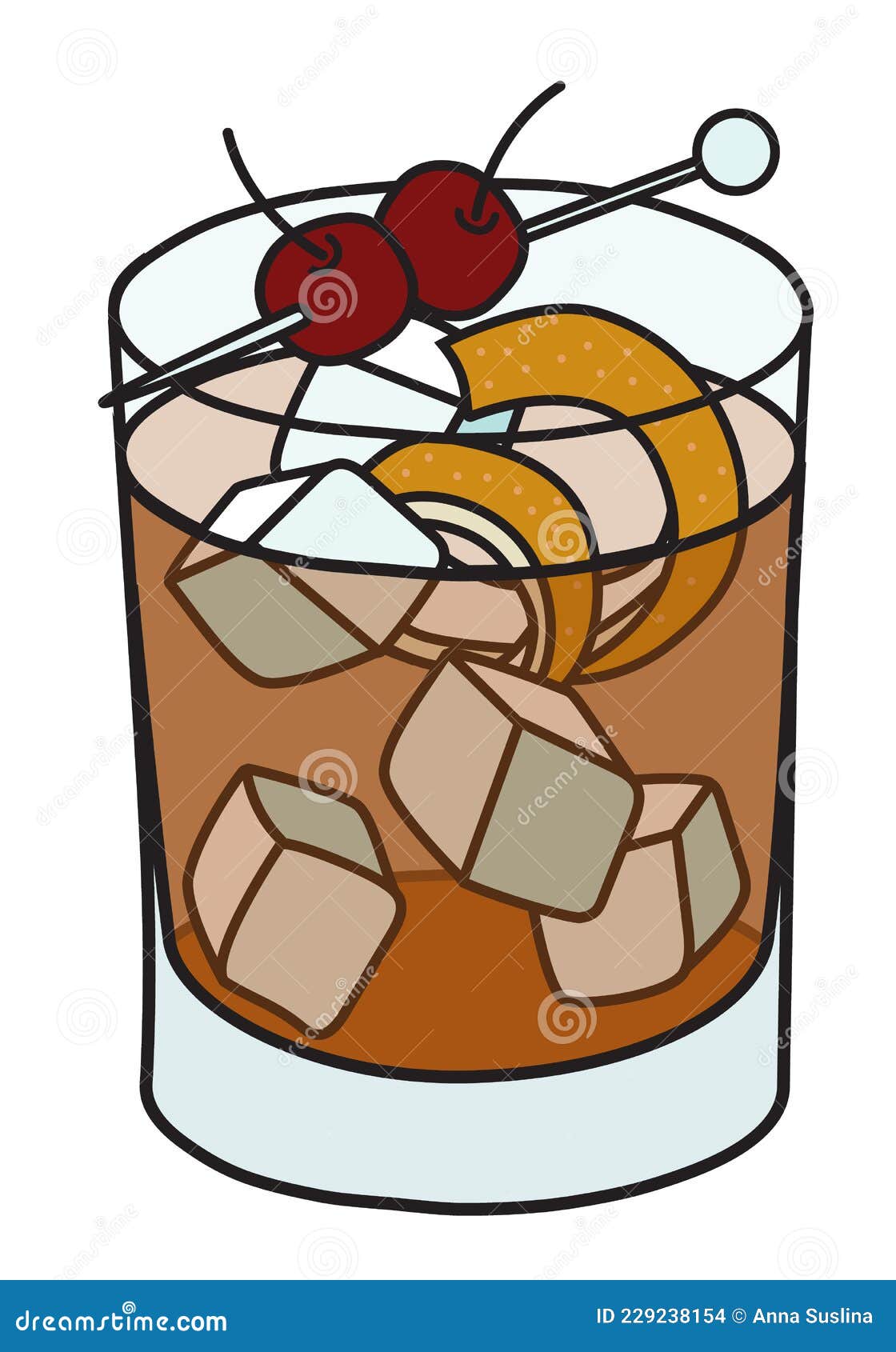 Vieux Carre Clásico Coctel De Iba Listado En Cristal De Rocas. Bebida a Base De Coñac Y Whisky Con Un Toque Naranja Y Ilustración del Vector - Ilustración whisky: