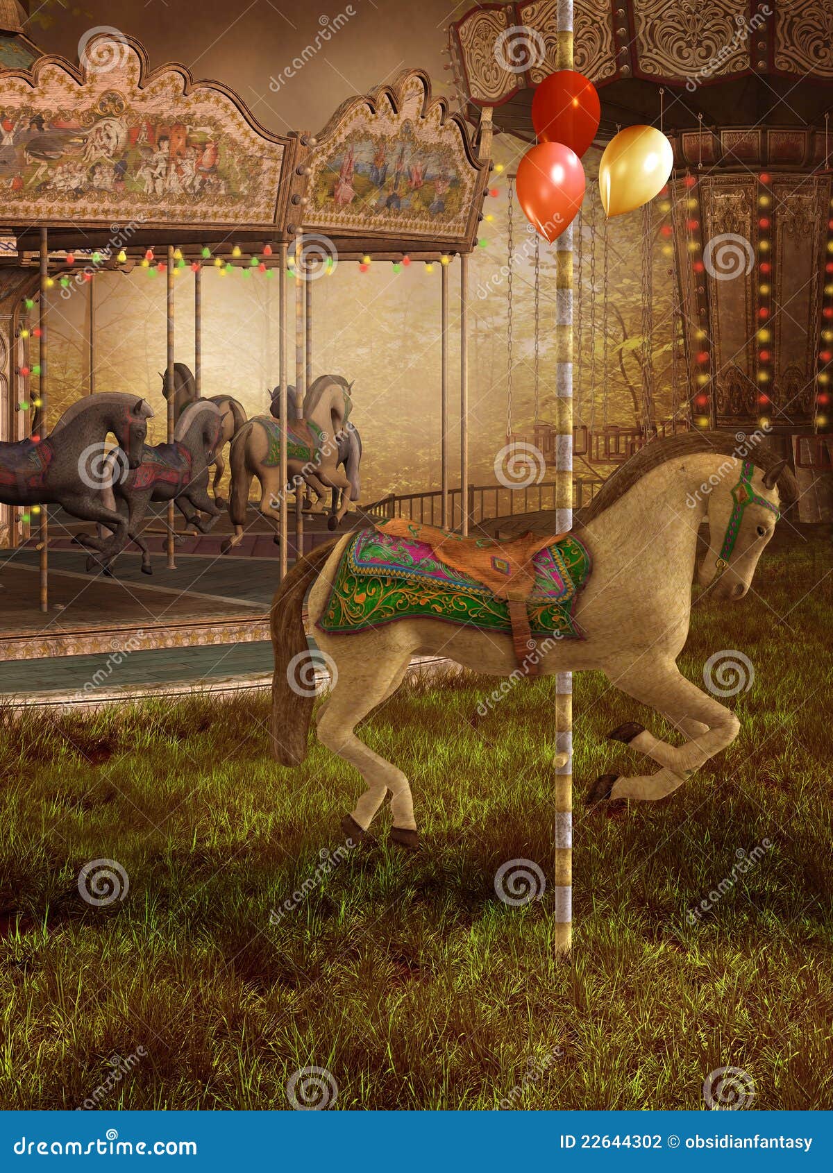 Vieux carrousel victorien avec des chevaux et des ballons
