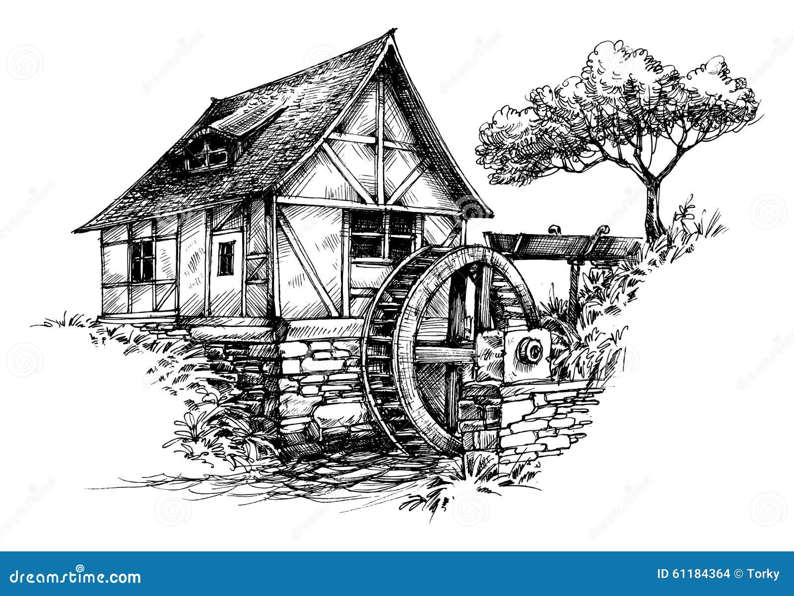 Vieux Croquis De Moulin à Eau Illustration De Vecteur