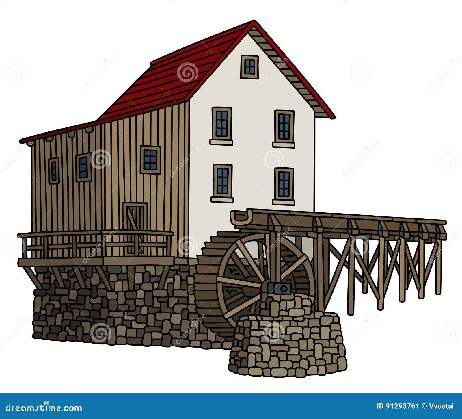 Vieux Moulin à Eau En Pierre Illustration De Vecteur