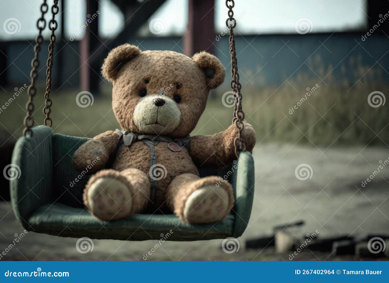 Fille éthérée tenant un ours en peluche en lambeaux dans un cirque  abandonné envahi par la végétation · Creative Fabrica
