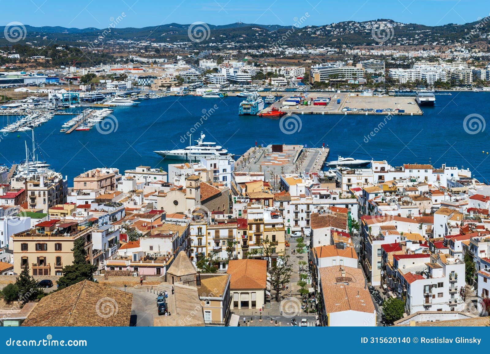 view from above of the houses and port of eivissa, ibiza, spain