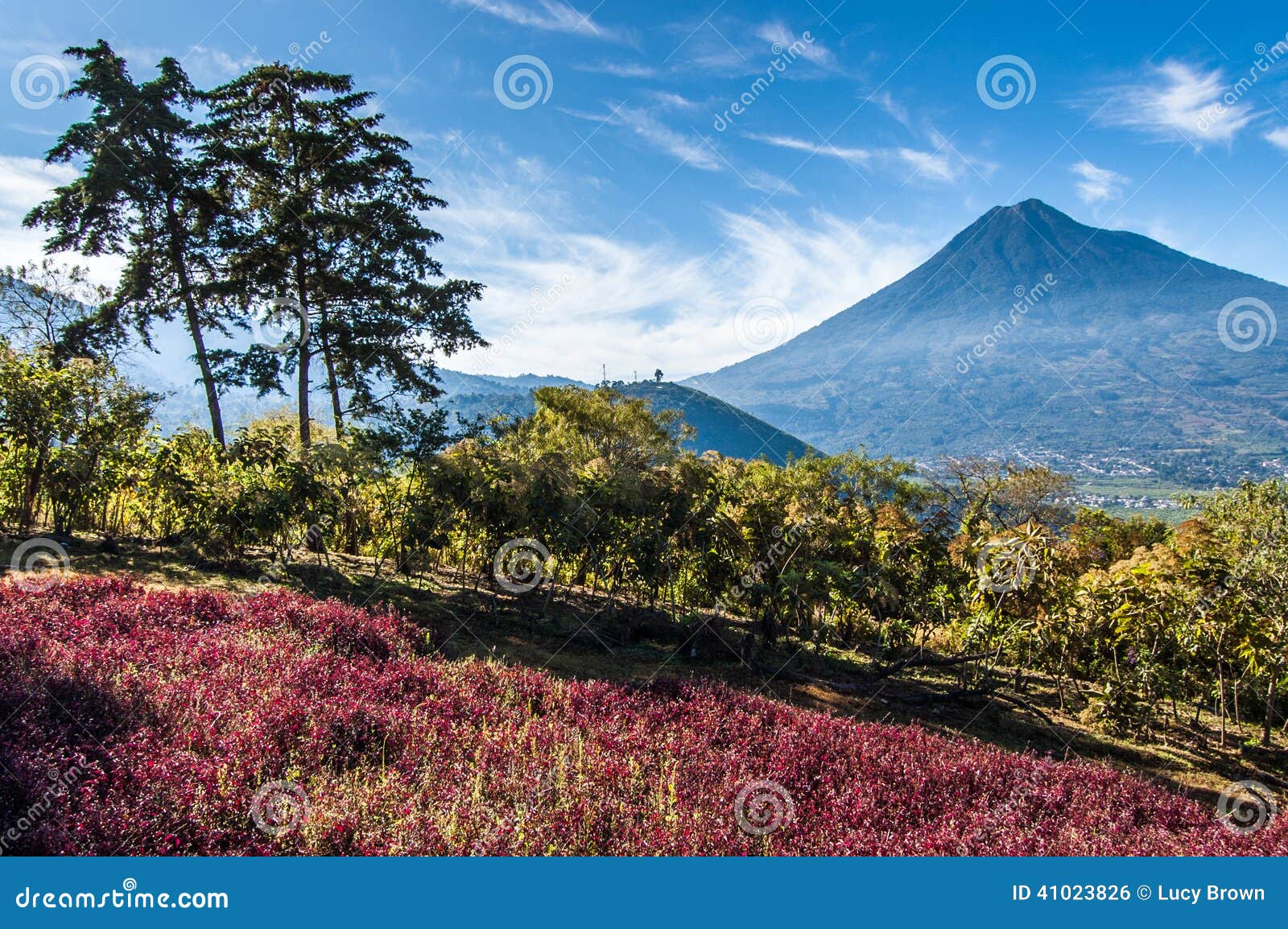 view of agua volcano outside antigua, guatemala