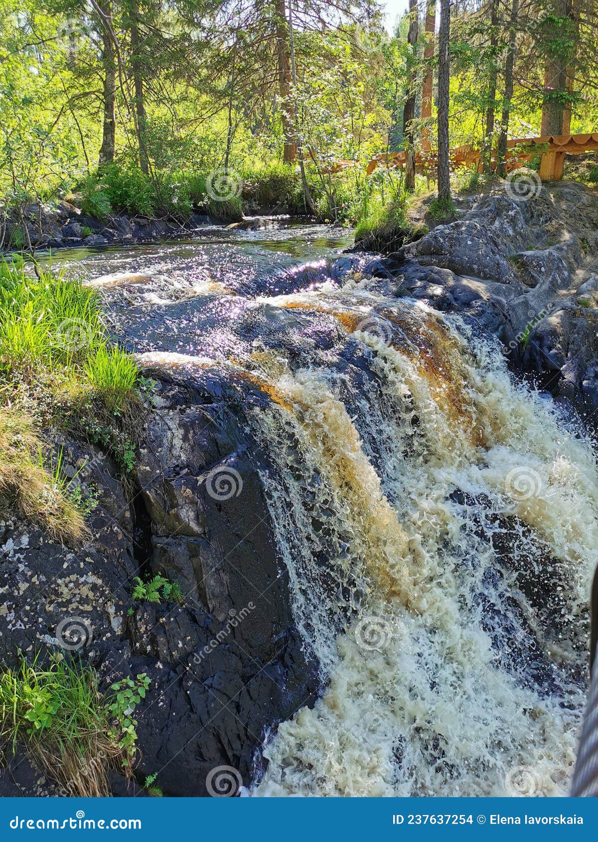 view of the akhvenkoski waterfall on the tokhmayoki river in karelia from the pedestrian bridge passing over it