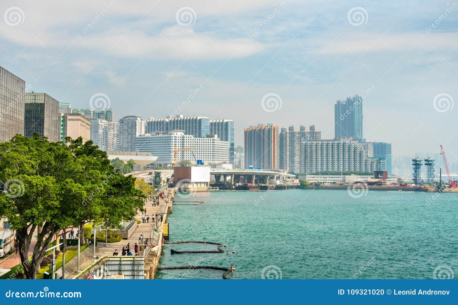 view along the tsim sha tsui promenade in hong kong
