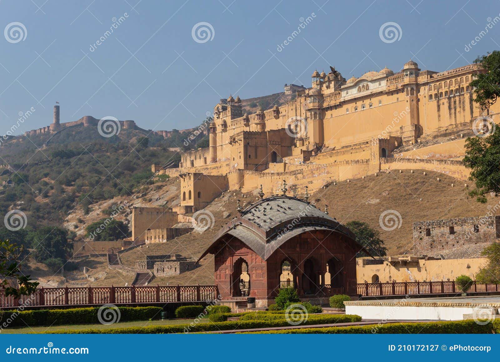 view of amber fort and jaigarh fort from maotha lake, jaipur,