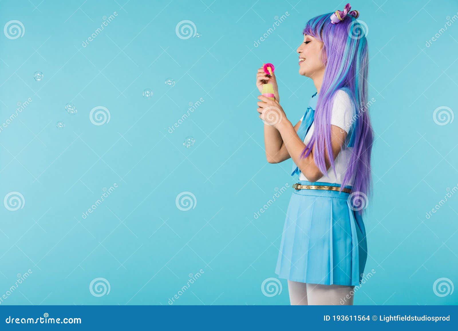 View of Anime Girl with Soap Bubbles Isolated on Blue Stock Photo - Image  of happy, emotion: 193611564