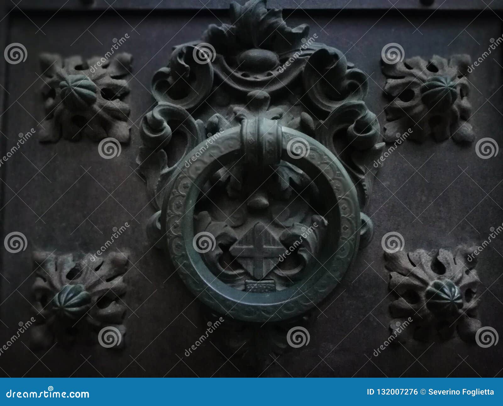 view of antique coat of arms in hand worker iron on entrance doors