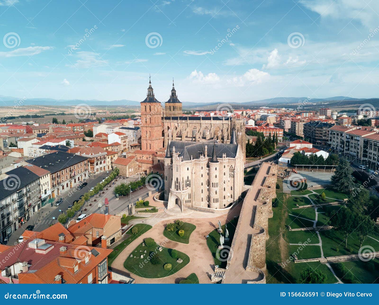 view of astorga cathedral and episcopal palace by gaudi