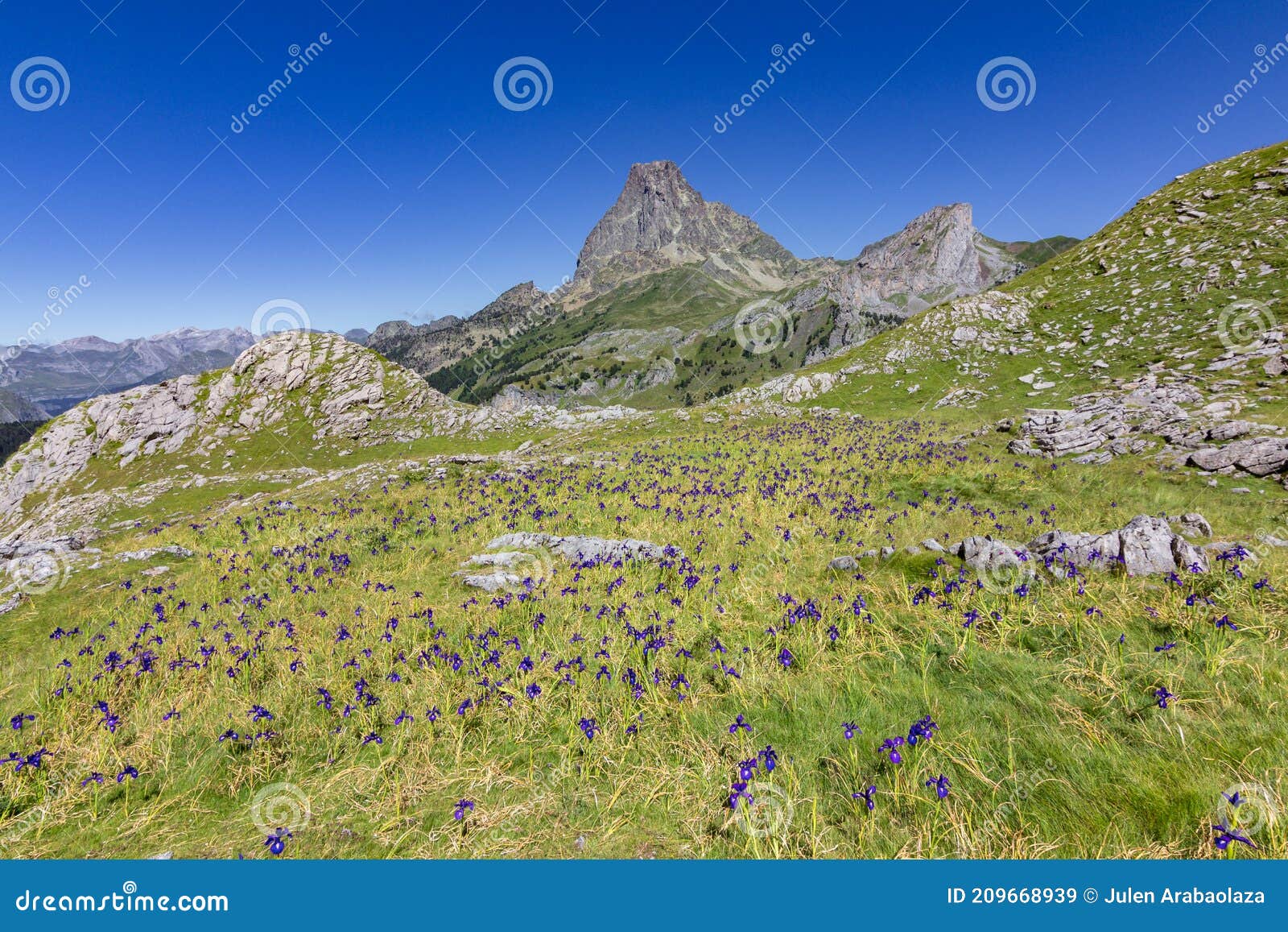 view of ayous lakes and midi d`ossau mountain in the pyrenees france