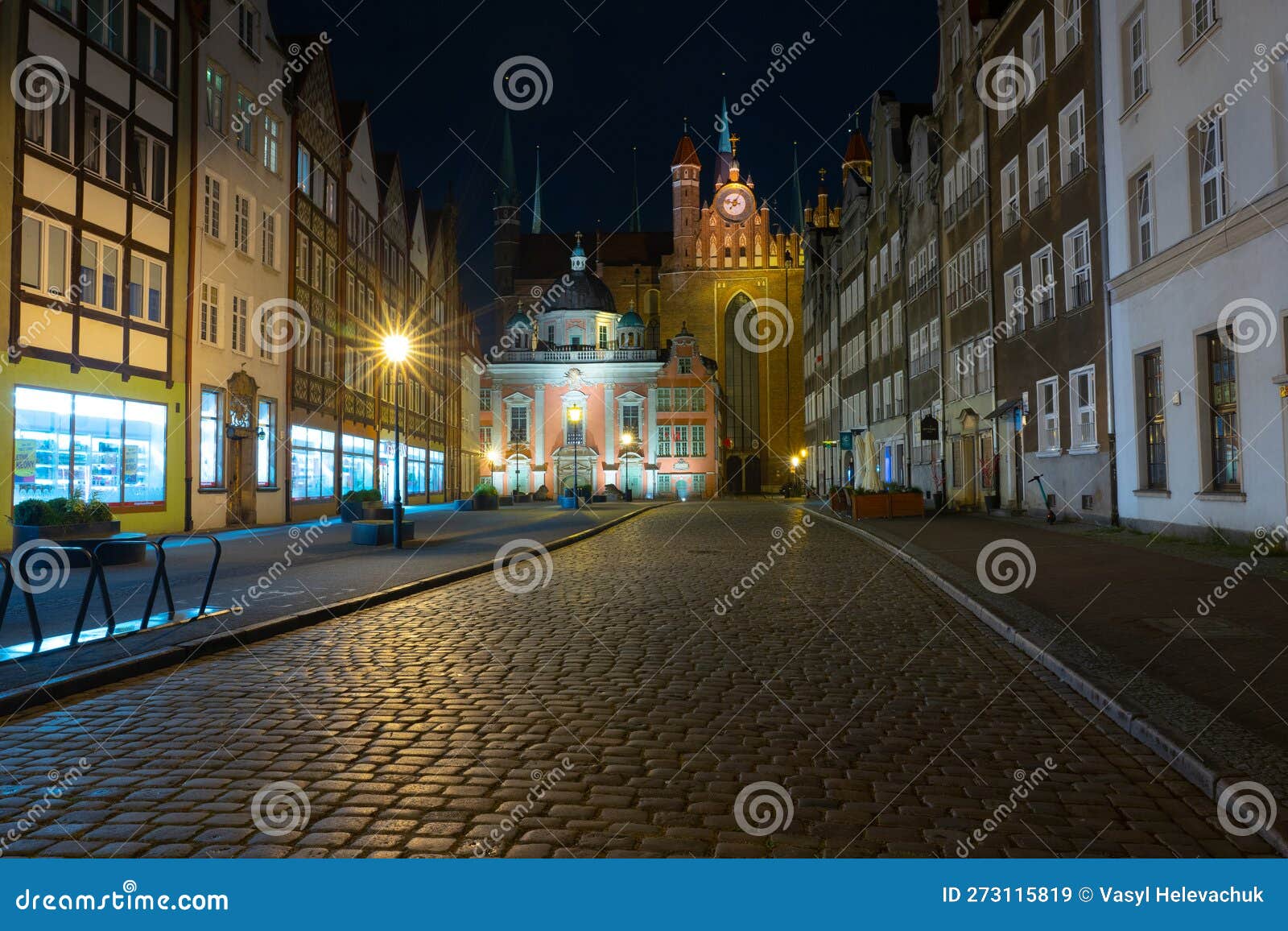 view of basilica of st. mary and royal chapelat night. gdansk, poland