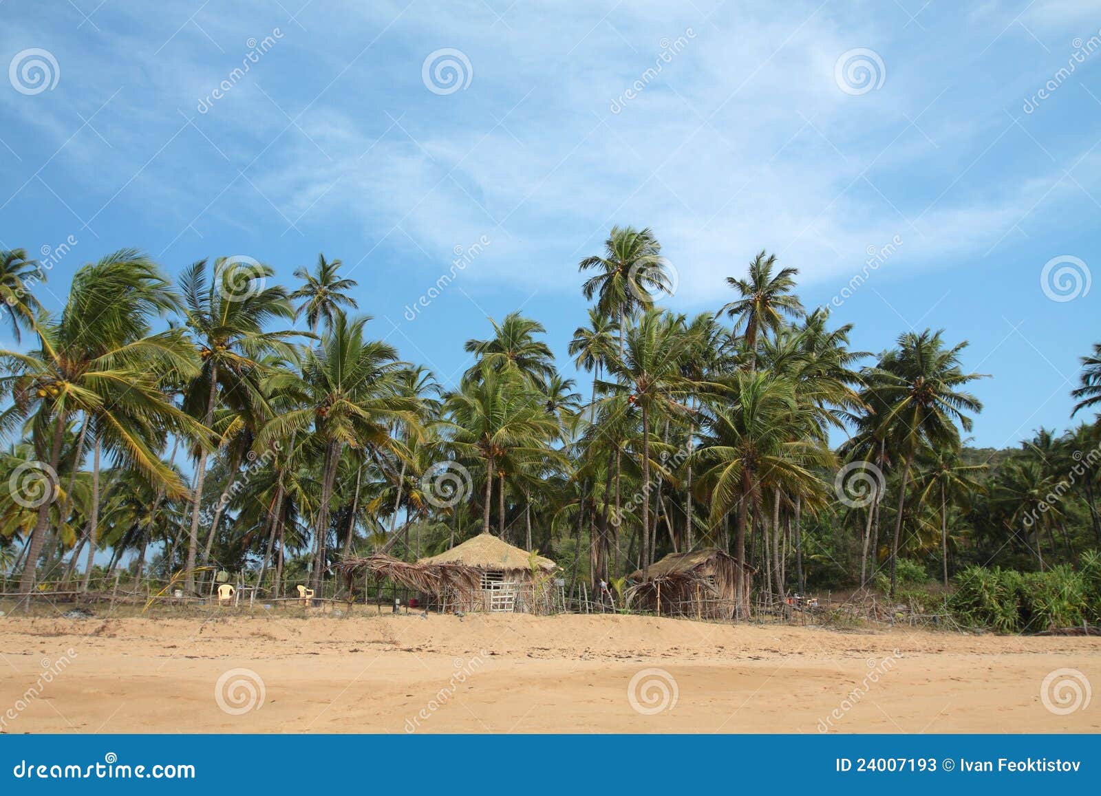 view of beach, summer houses and palm trees