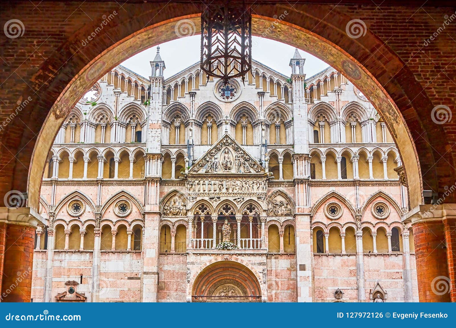the view on the frontage of ferrara cathedral, italy