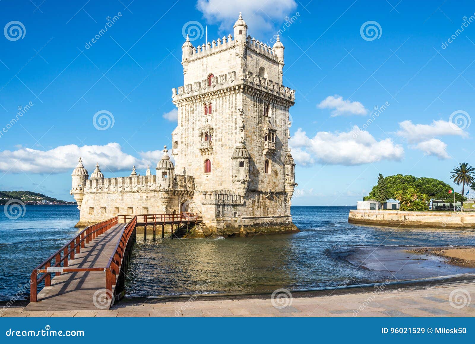 view at the belem tower at the bank of tejo river in lisbon , portugal