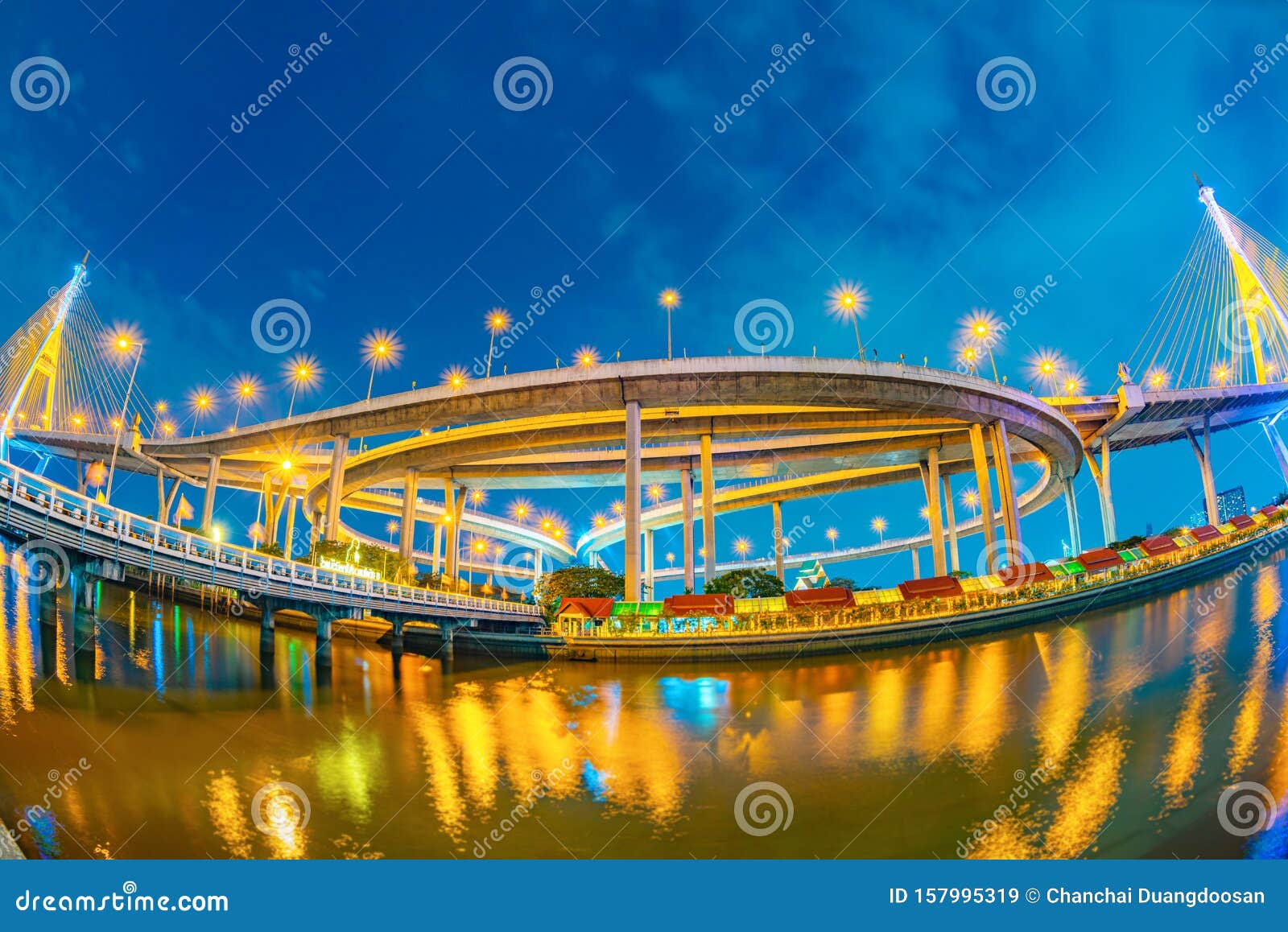 view of `bhumiphol` highway bridge across `chaopraya` river in bangkok thailand