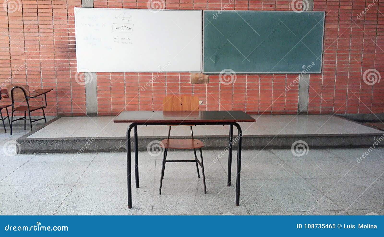 View Of A Blackboard And Whiteboard And An Emoty Teachers