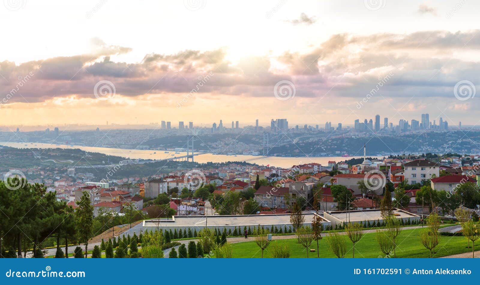 view on the bosphorus bridge and istanbul skyscrappers from camlica hill, turkey