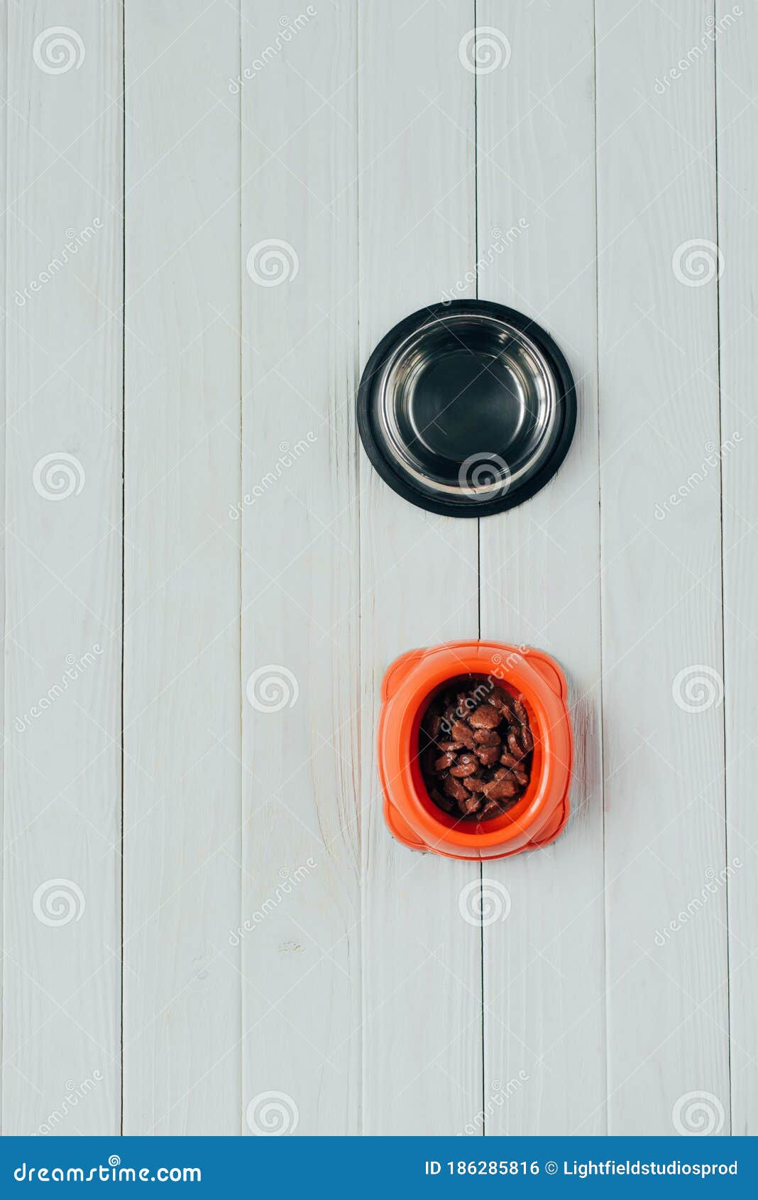 View of Bowl with Pet Food and Empty Bowl on Wooden Surface Stock Photo Image of wooden