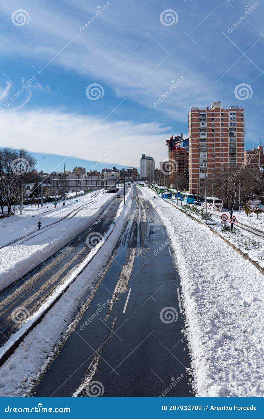 view from a bridge of the a2 highway with snow, a sunny day, madrid, spain, europe, january 10, 2021,