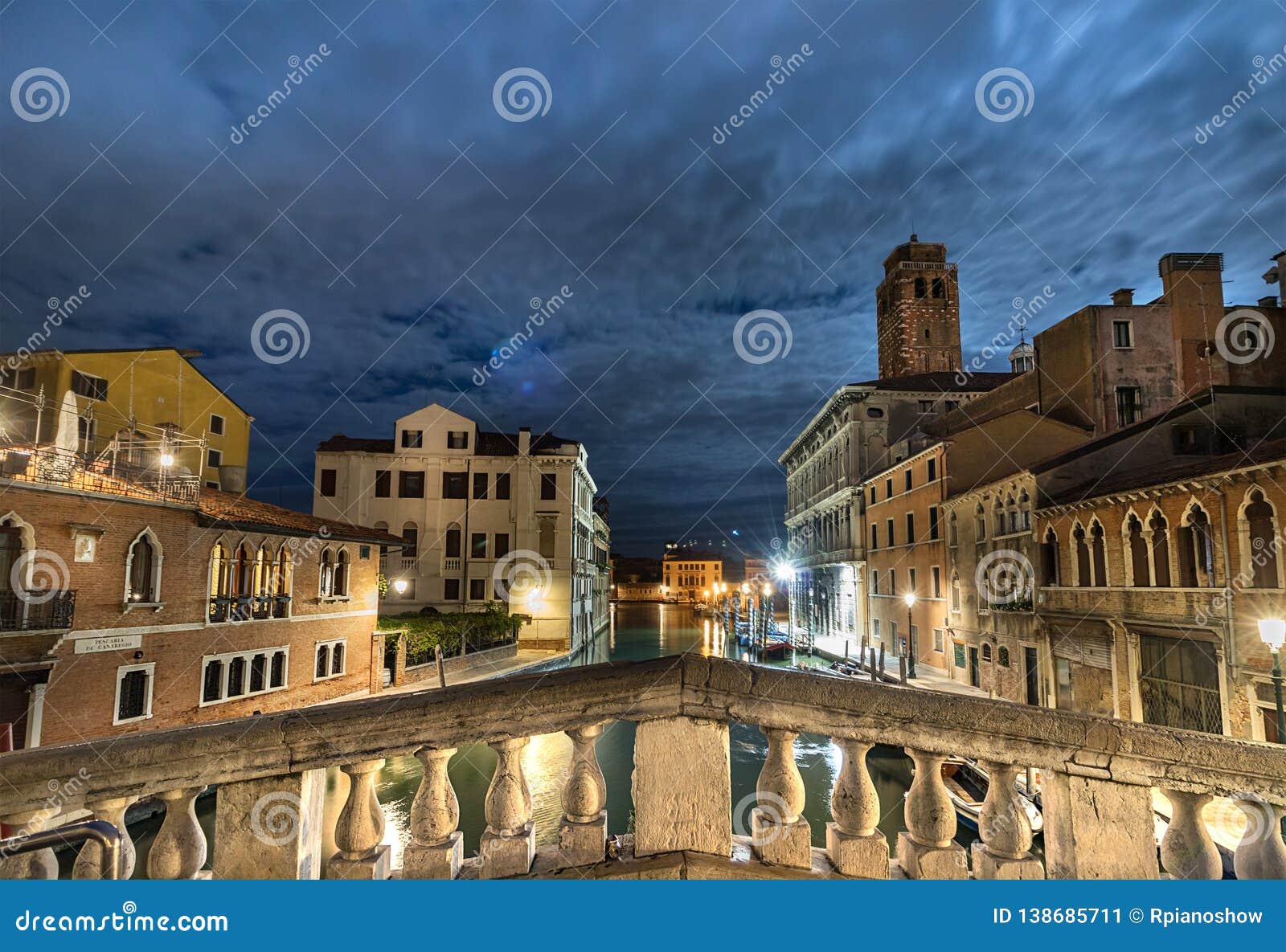 view from a bridge of the pescaria di canaregio in venice at night, italy