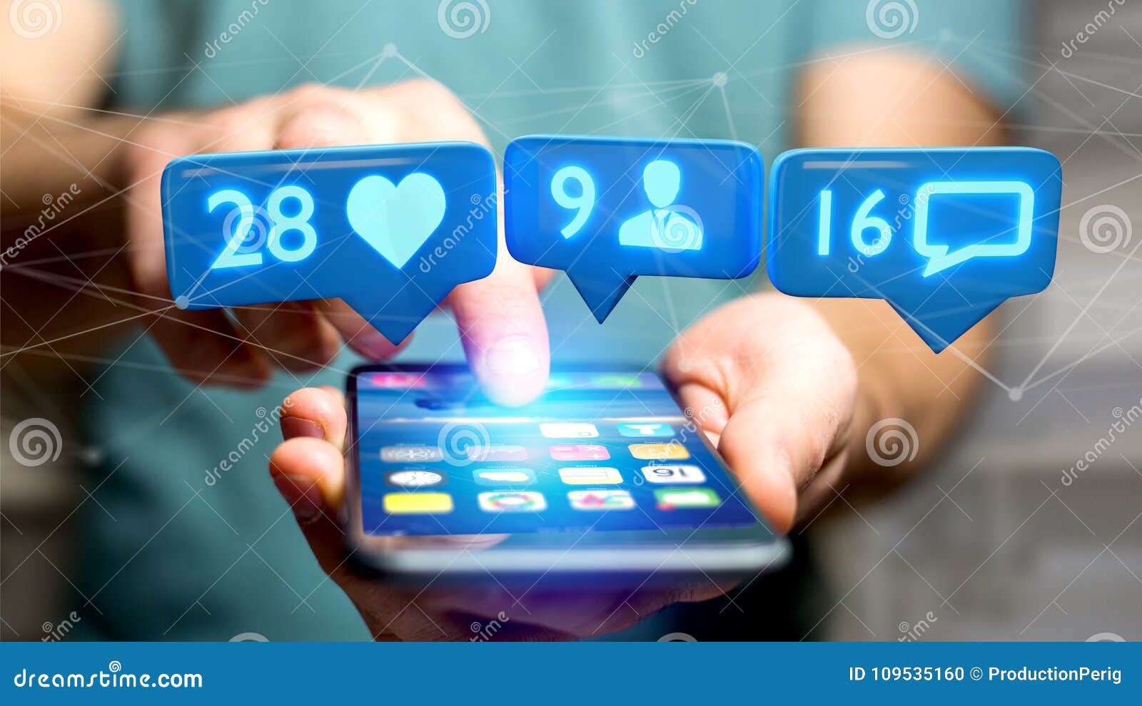 Businessman Using a Smartphone with a Like, Follower and Messag Stock
