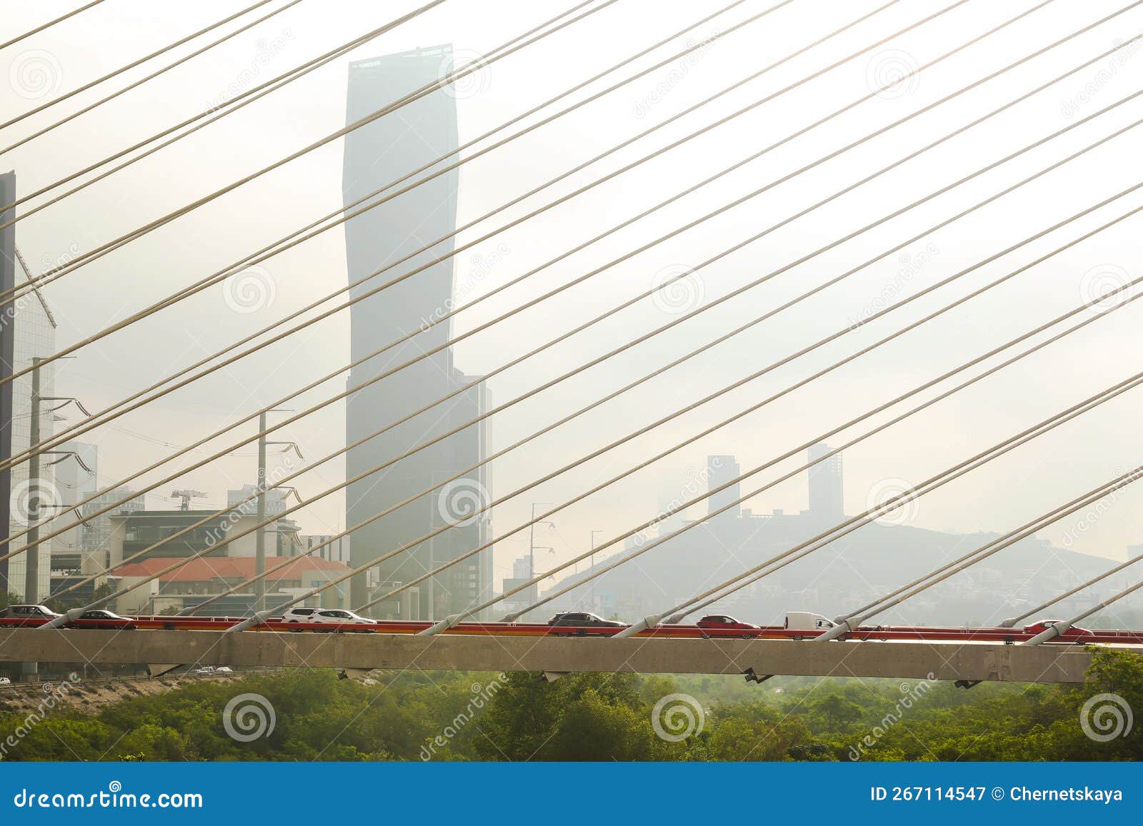 view of cars on bridge against foggy cityscape