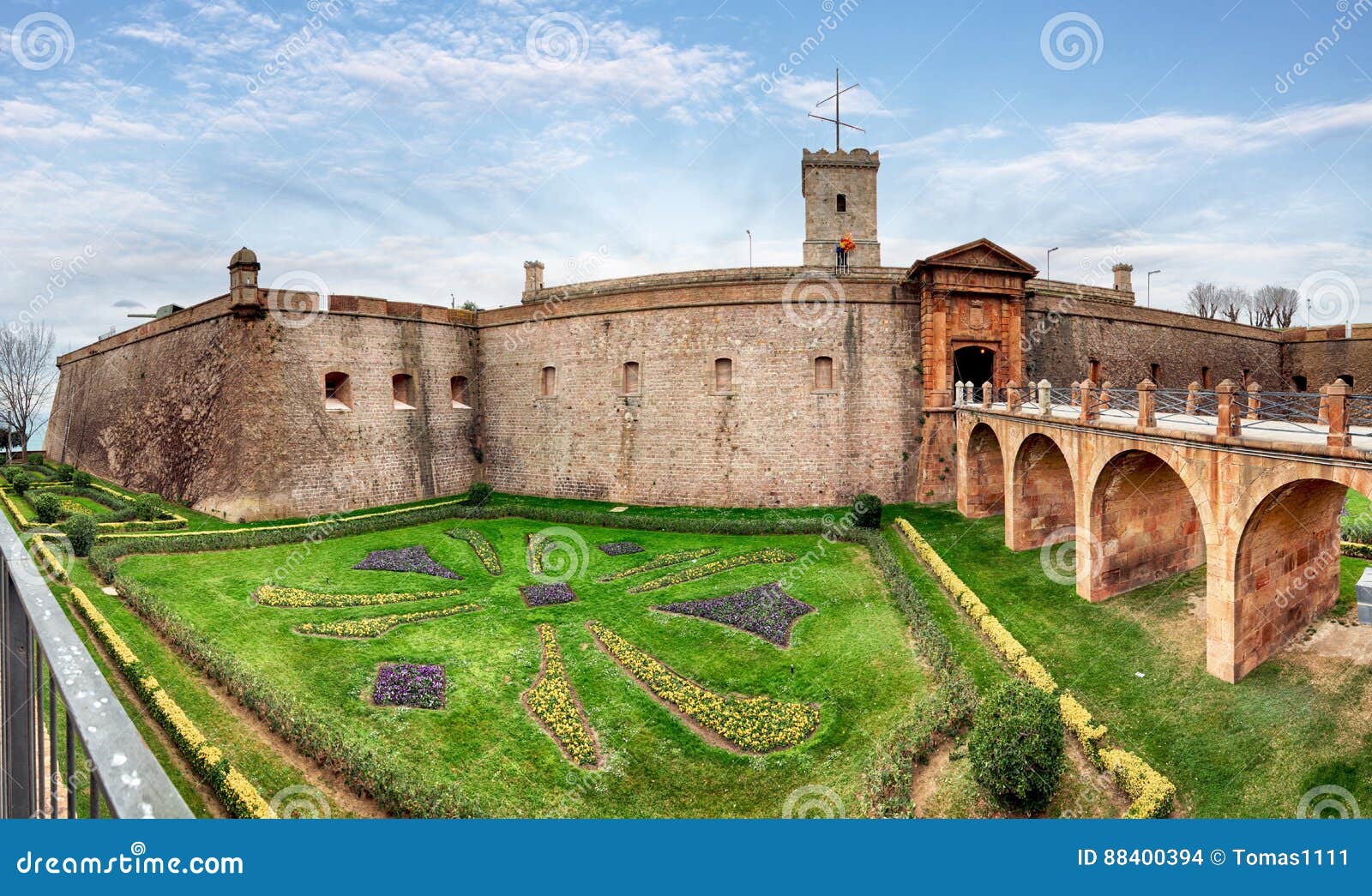 view of castillo de montjuic on mountain montjuic in barcelona,