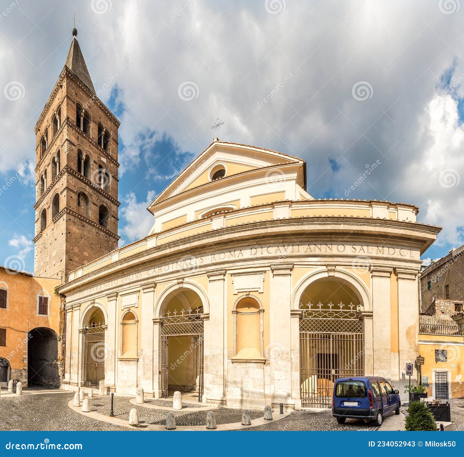 view at the cathedral of san lorenzo martir in the streets of tivoli town - italy