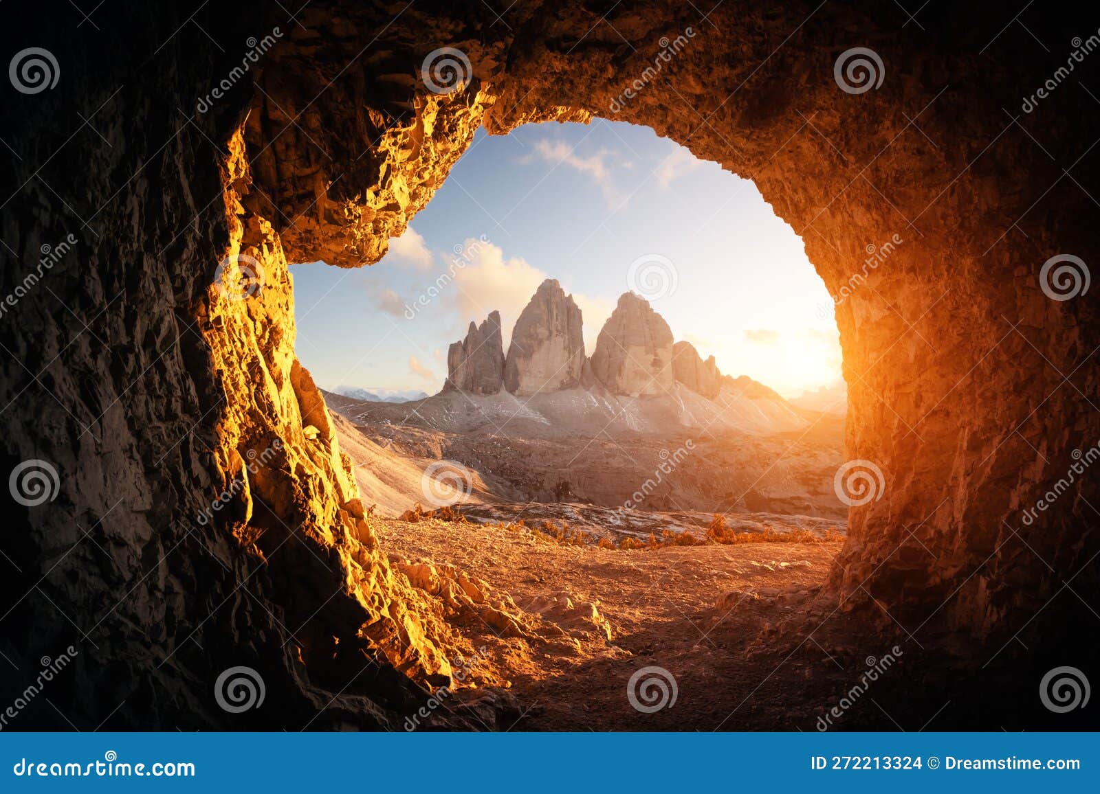 view from the cave in mountain against three peaks of lavaredo