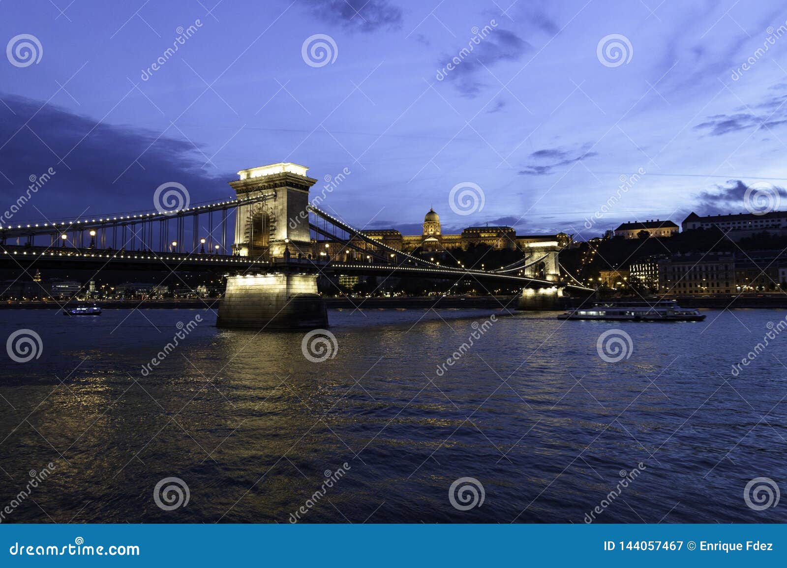 view of the chain bridge at dusk, budapest, hungary