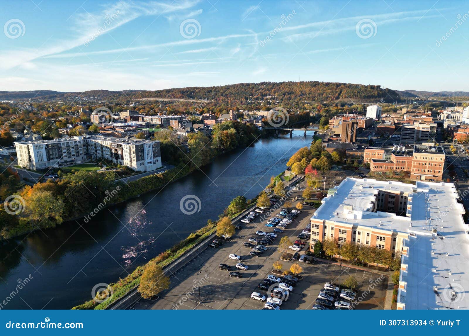 view of chenango river in downtown bighamton new york (southern tier, small town usa) aerial view from above