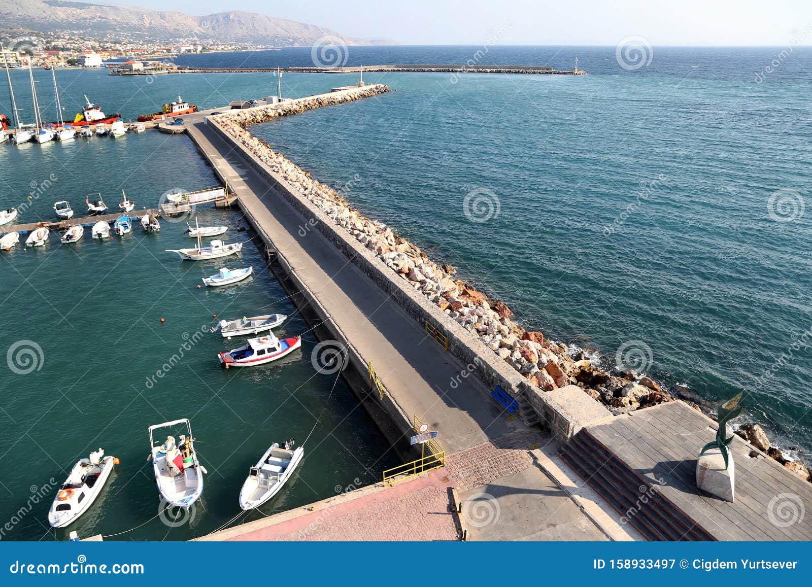 view of chios island harbour with some fisherman boats in greece