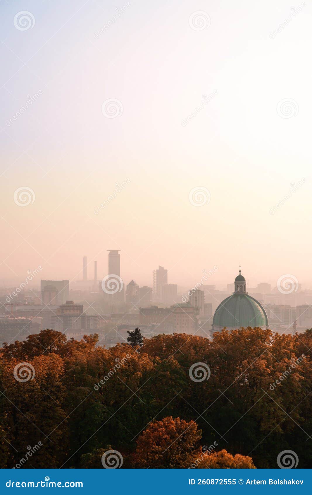 view from cidneo hill top to silhouette of skyscrapers in business part of brescia and dome of new cathedral