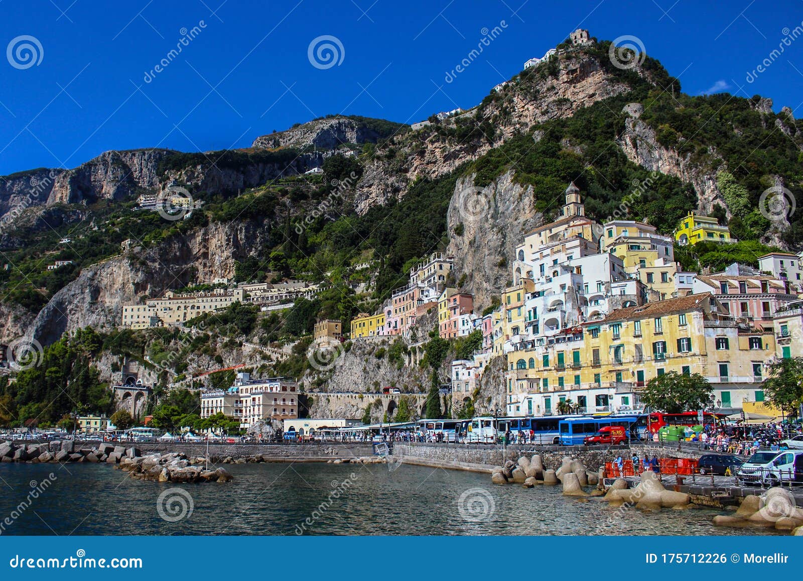 View of the City of Amalfi from the Jetty with Parked Buses, the Sea ...