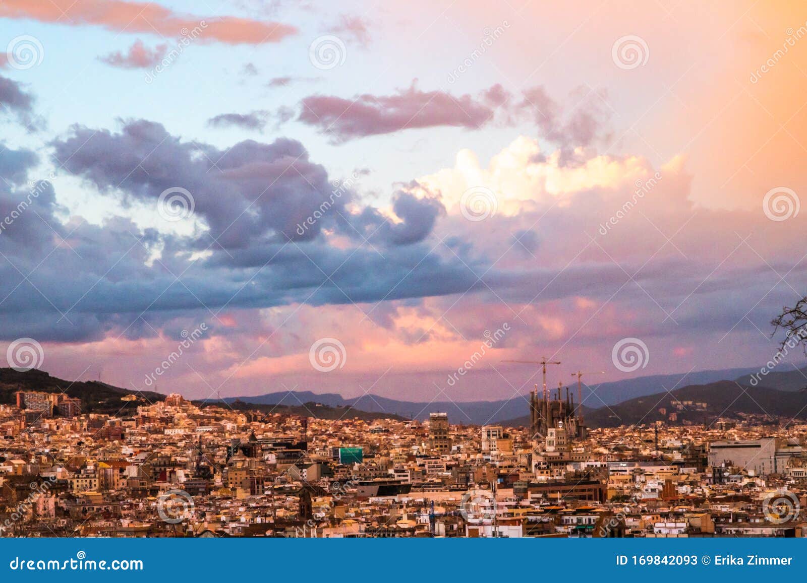 sunset of incredible colors in barcelona.