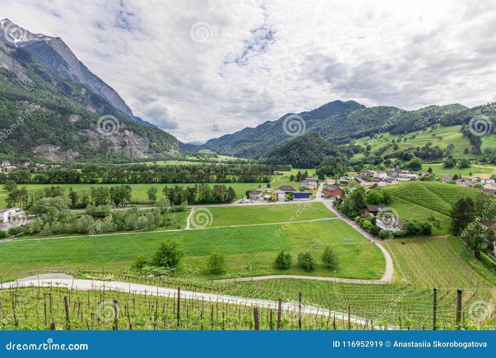View of the City among the Mountainous Alps in Liechtenstein. Stock ...