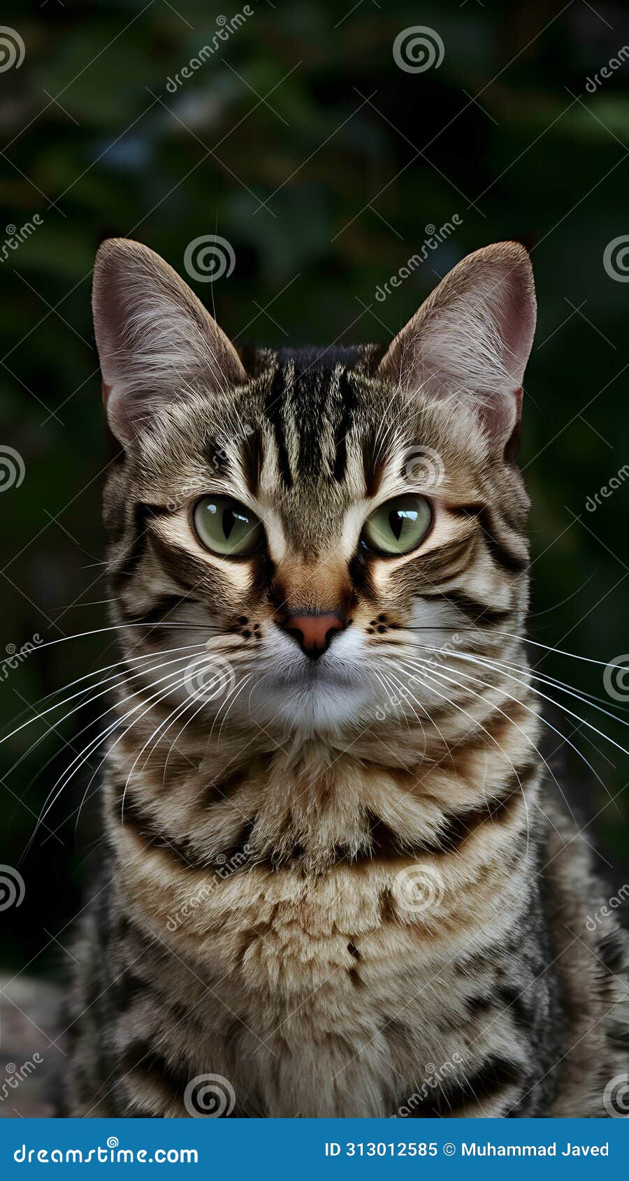 view close up portrait of striped cat with green eyes and whiskers