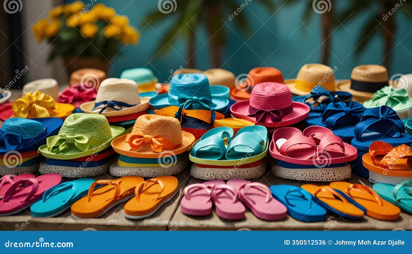 a colorful display of summer accessories like flip-flops and hats in a boutique