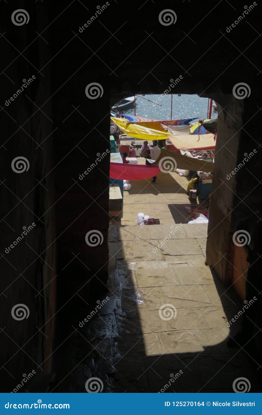 Gate in Varanasi, View of the Ganges Stock Photo Image of drying