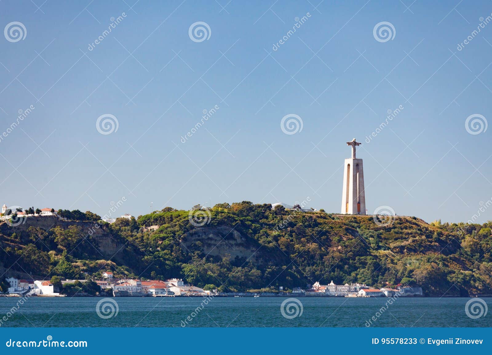 view of crista rey through the tagus from lisbon