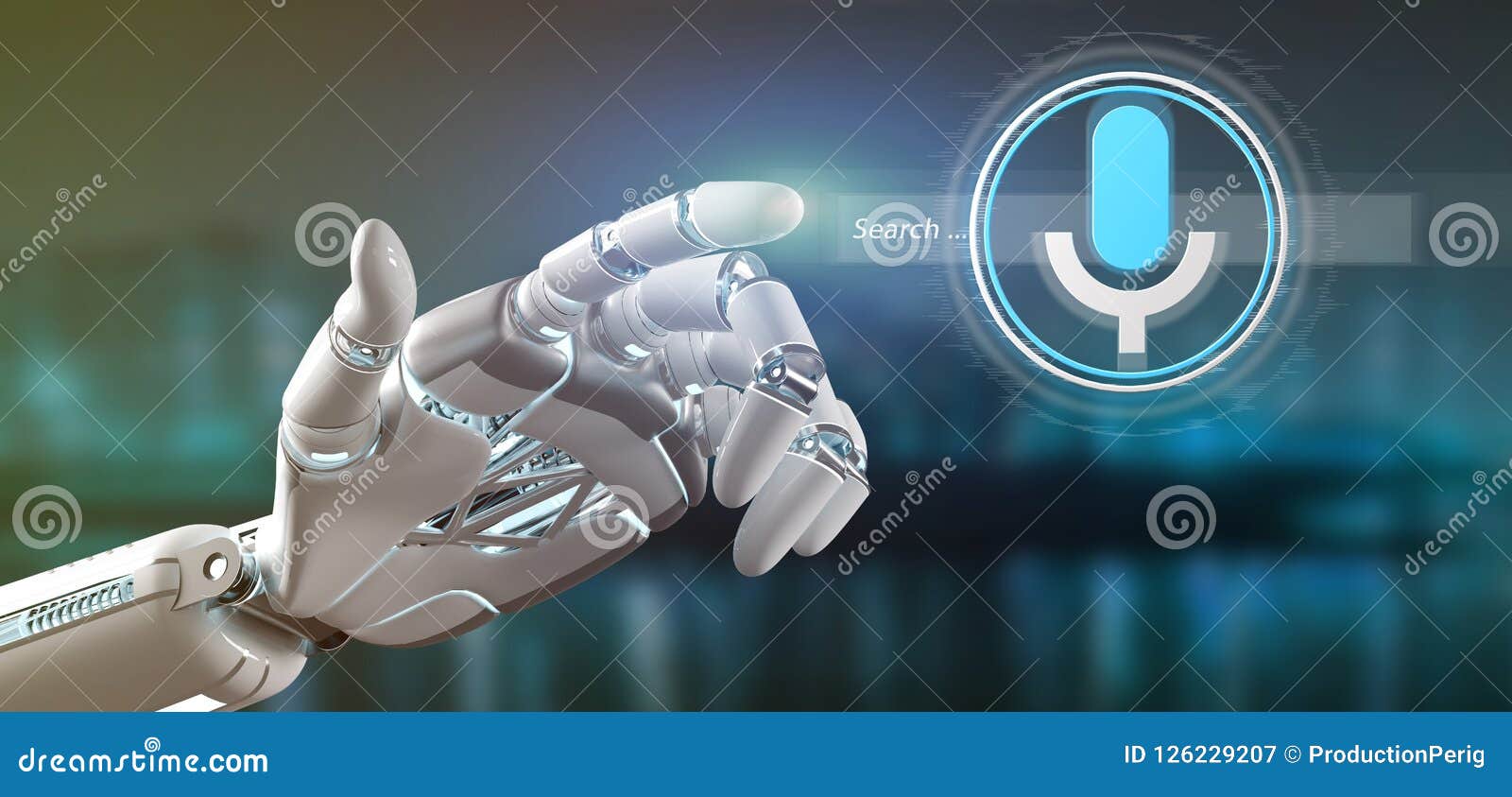 cyborg hand holding a ocal search system with button and icon 3d rendering