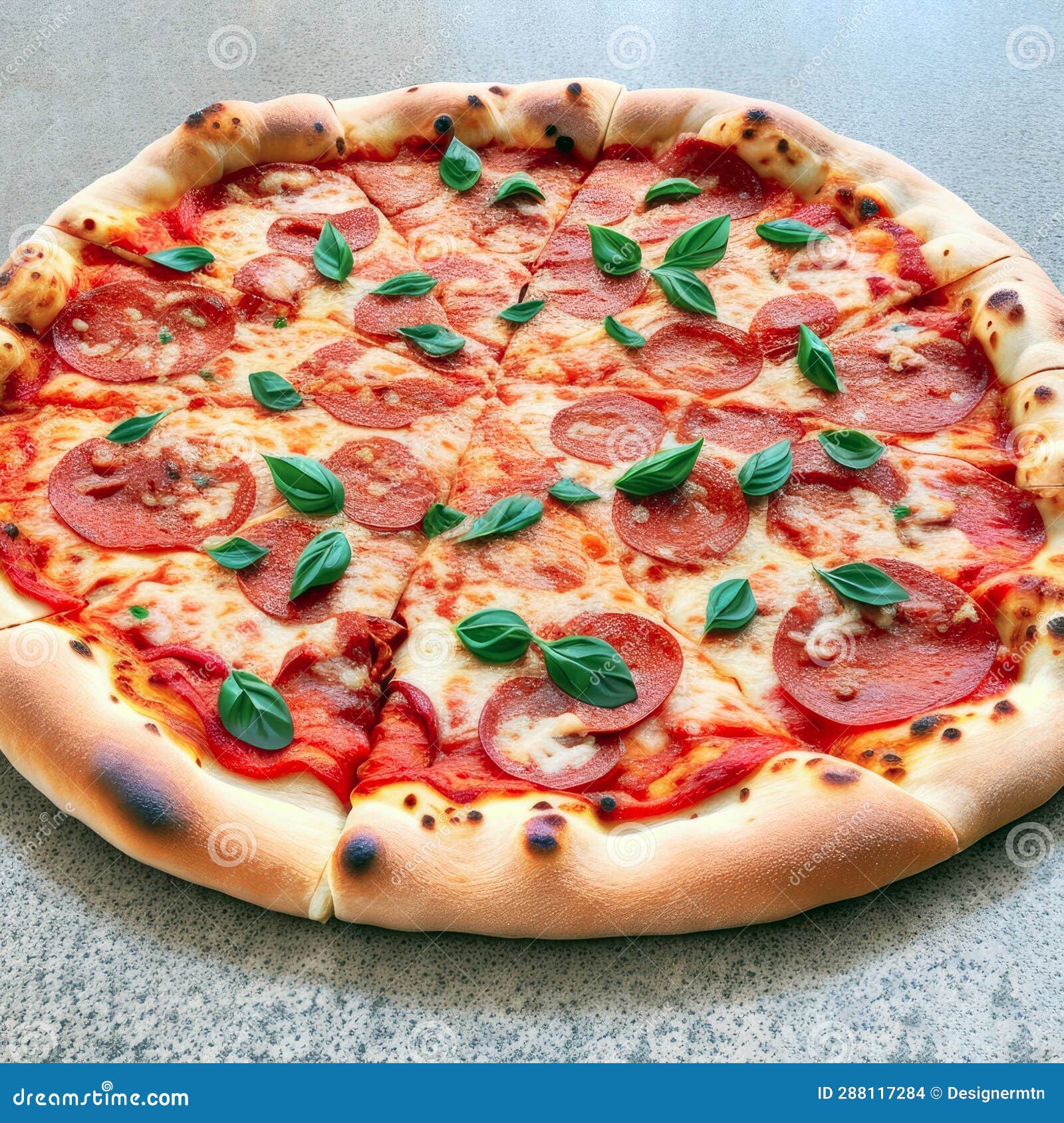 View of Delicious Thin Sliced Pepperoni Pizza on Marble Stock