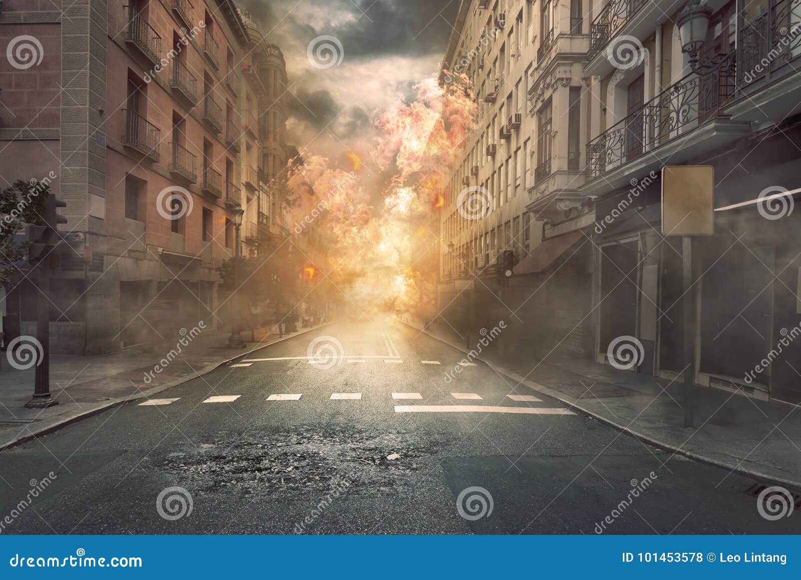 view of destruction city with fires and explosion
